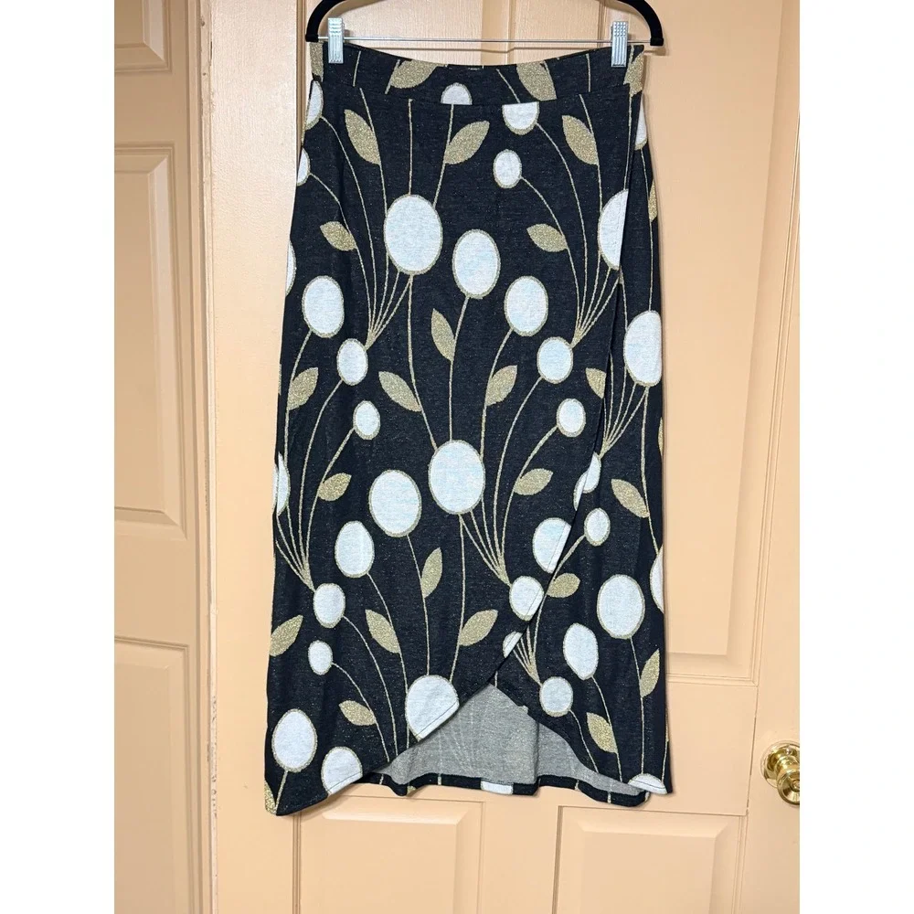 Maeve Anthropologie Metallic Floral Tulip Wrap Midi Skirt Black Gold Silvr M NWT